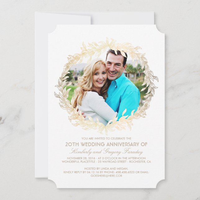 Invitación Corona de Laurel Dorado Foto Boda Aniversario (Anverso)