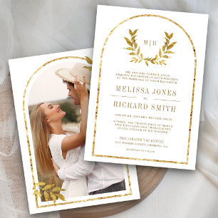 Invitación Corona de Laurel Dorado Hojas Blancas Boda