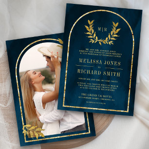 Invitación Corona de Laurel Dorado Hojas Océano Azul Boda