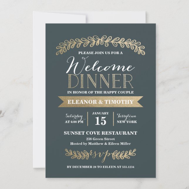 Invitación Corona de Laurel Pizarra Boda Cena de Bienvenida F (Anverso)