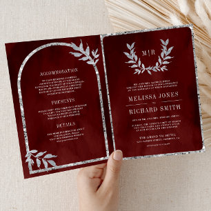 Invitación Corona de Laurel Plateado Hojas Rojo Burdeos Boda