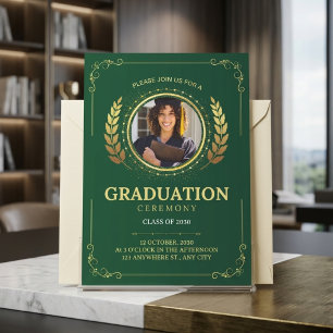 Invitación Corona de Laurel Verde Dorado Elegante para Gradua