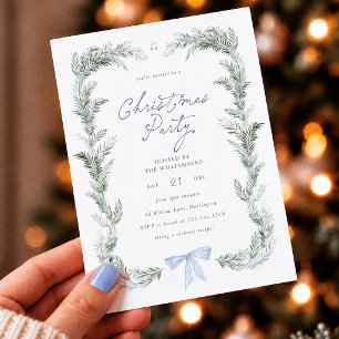 Invitación Corona de lazo azul Botánico Fiesta de Navidad