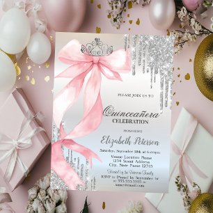 Invitación Corona de lazo rosa brillo gotas Quinceañera plate