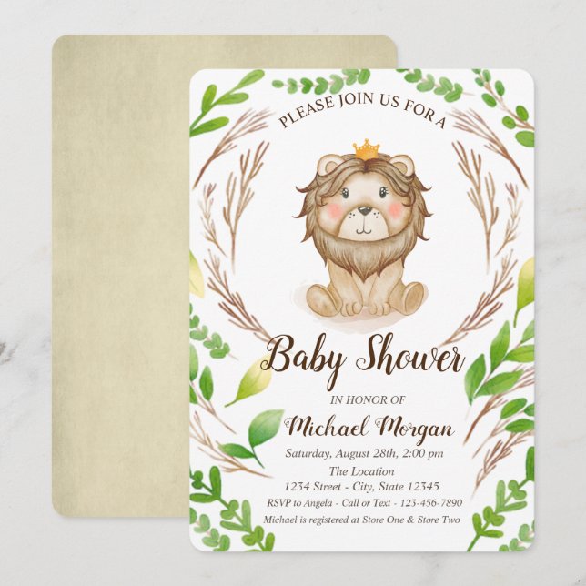 Invitación Corona de León Bebé Lindo Hojas (Anverso / Reverso)