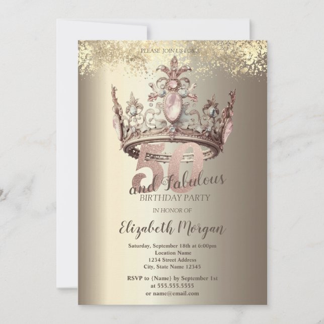 Invitación Corona de Lujo Dorada Confeti Cumpleaños 50 (Anverso)