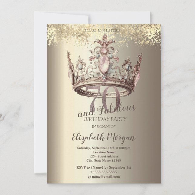 Invitación Corona de Lujo Dorada Confeti Cumpleaños 70 (Anverso)