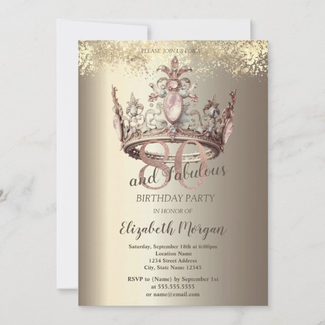 Invitación Corona de Lujo Dorada Confeti Cumpleaños 80 (Anverso)