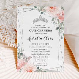 Invitación Corona de mariposa de Rosa floral rosa de Quinceañ