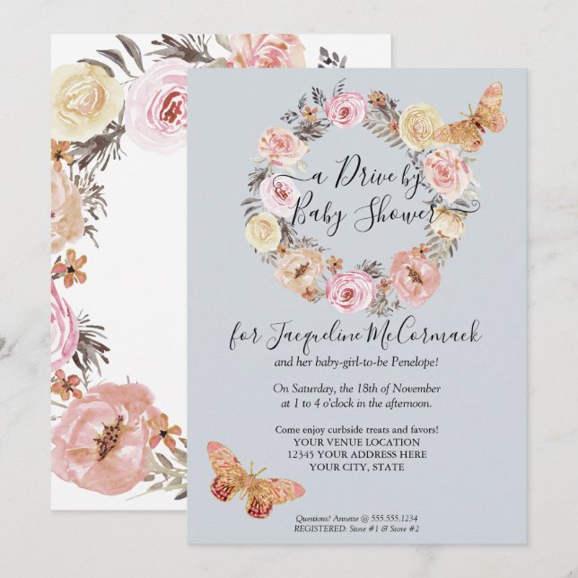 Invitación Corona de mariposas con lluvia de flores azules po (Anverso / Reverso)