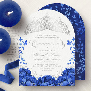 Invitación Corona de Mariposas Elegantes Azules Reales Quince