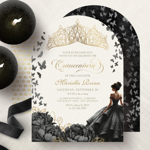 Invitación Corona de Mariposas Florales de Oro Negro Quinceañ