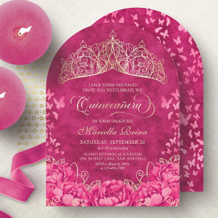 Invitación Corona de Mariposas Rosa Caliente Elegante Quincea