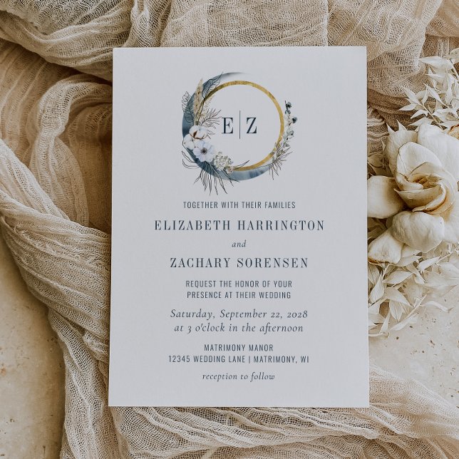 Invitación Corona de monograma Boho Moon Índigo Boda (Subido por el creador)