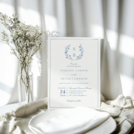 Invitación Corona de monograma botánico boda azul real 