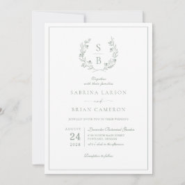 Invitación Corona de monograma botánico boda verde salvia 