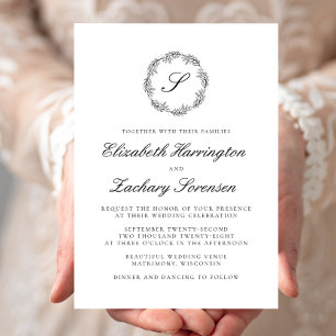 Invitación Corona de monograma clásico en blanco y negro con