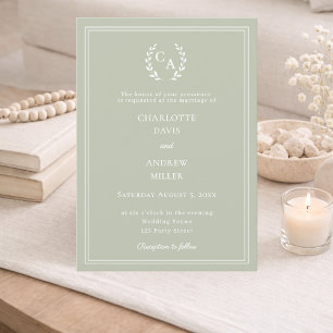 Invitación Corona de monograma de boda de lujo en verde salvi