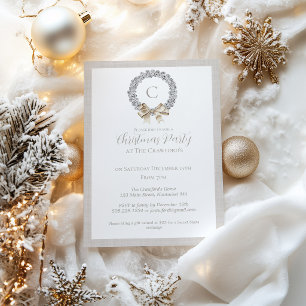 Invitación Corona de Monograma de Campanas de Plata Navidad