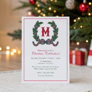 Invitación Corona de monograma de Navidad en cuadros de tartá