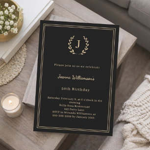 Invitación Corona de monograma de oro negro cumpleaños minima