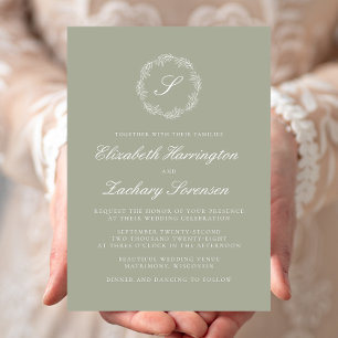 Invitación Corona de monograma verde salvia boda con letra bl