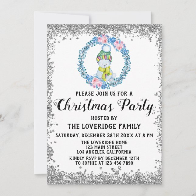 Invitación Corona de Navidad Azul de Invierno Fiesta de Navid (Anverso)