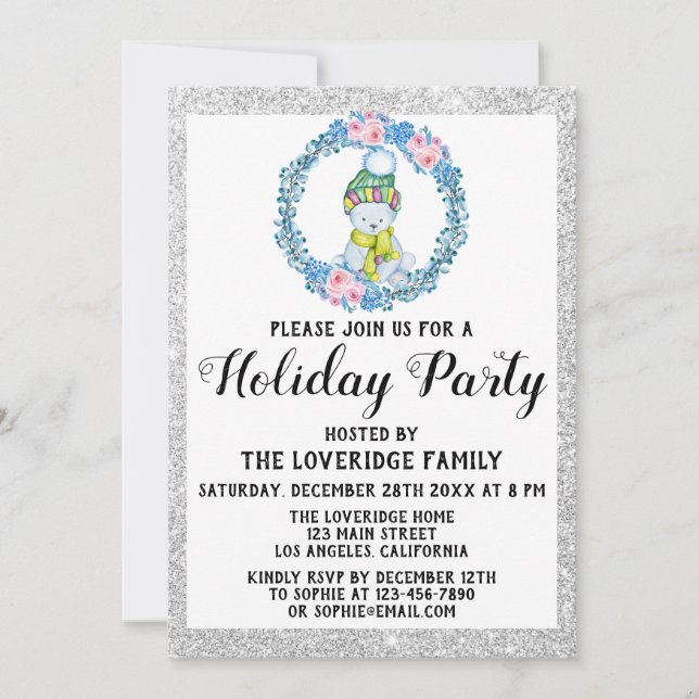 Invitación Corona de Navidad Azul Invernal Fiesta de Vacacion (Anverso)