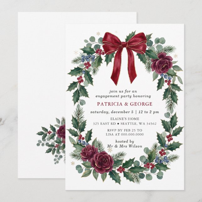 Invitación Corona de Navidad con Lazo Rojo Fiesta de Compromi (Anverso / Reverso)