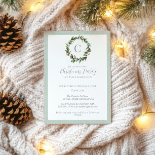 Invitación Corona de Navidad de Acebo Rojo Monograma Holly 