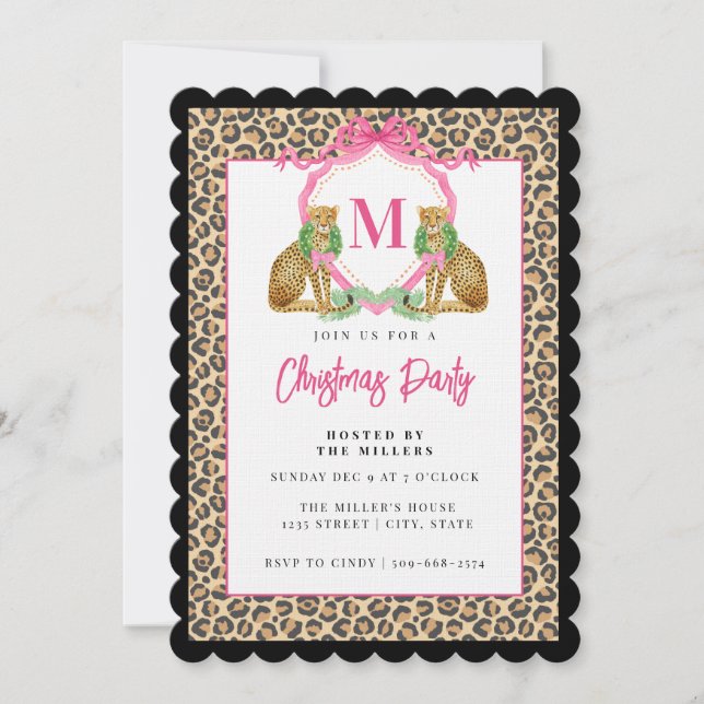 Invitación Corona de Navidad de leopardo grandmillennial con  (Anverso)