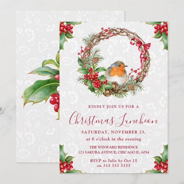Invitación Corona de Navidad de Robin & Holly Berry Almuerzo  (Anverso / Reverso)