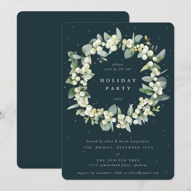 Invitación Corona de Navidad de Snowberry verde + Eucalipto F (Anverso / Reverso)