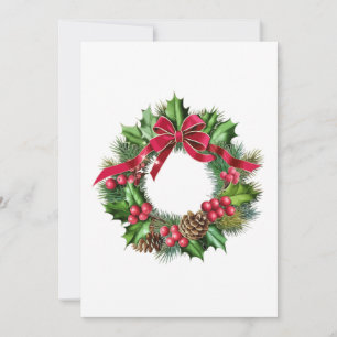 Invitación Corona de Navidad elegante con lazo rojo, acebo y