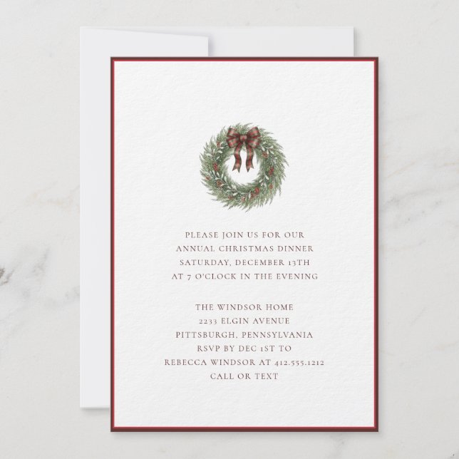 Invitación Corona de Navidad en acuarela elegante con lazo de (Anverso)