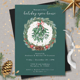 Invitación Corona de Navidad en Acuarela Rústica con Muérdago