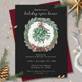 Invitación Corona de Navidad en acuarela rústica con muérdago