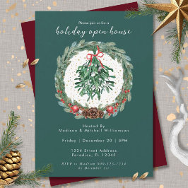 Invitación Corona de Navidad en acuarela rústica con muérdago