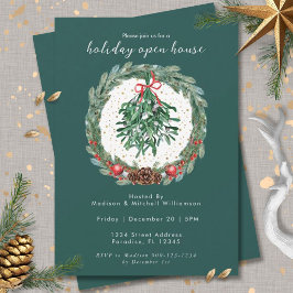 Invitación Corona de Navidad en acuarela rústica con muérdago