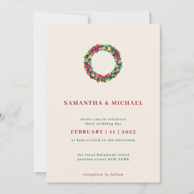 Invitación Corona de Navidad Roja Elegante (Anverso)
