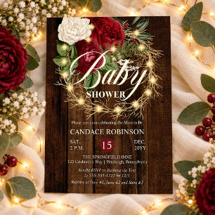 Invitación Corona de niña de baby shower rústica con luces y