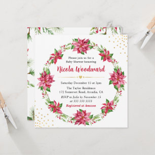 Invitación Corona de Nochebuena Rojo Acuarela para Baby Showe
