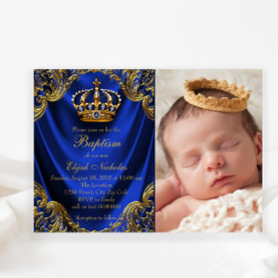 Invitación Corona de Oro Azul Real Bautizo Principito