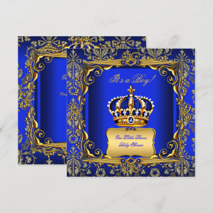 Invitación Corona de oro de Baby Shower Boy Royal Blue Damask