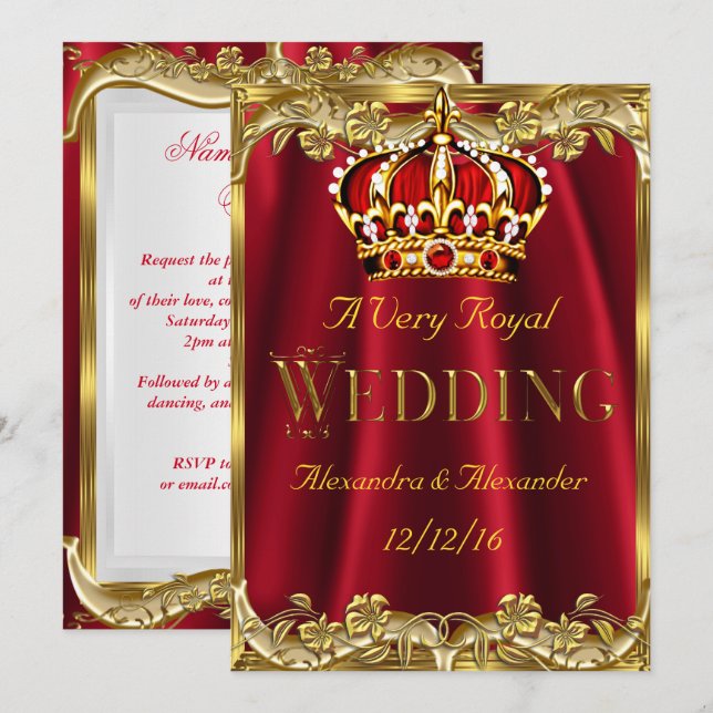 Invitación Corona de oro de boda rojo real (Anverso / Reverso)