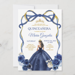 Invitación Corona de oro de la Marina Blue Bow Princess Quinc