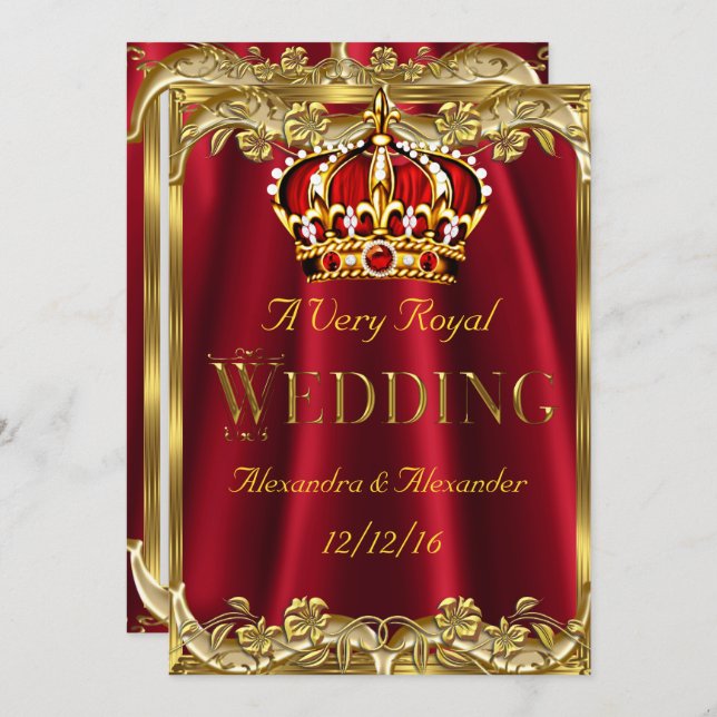 Invitación Corona de oro del Boda Rojo Real (Anverso / Reverso)