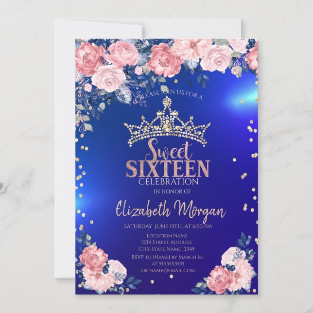 Invitación Corona de Oro Diamantes Flores Azul Dulces 16 (Anverso)