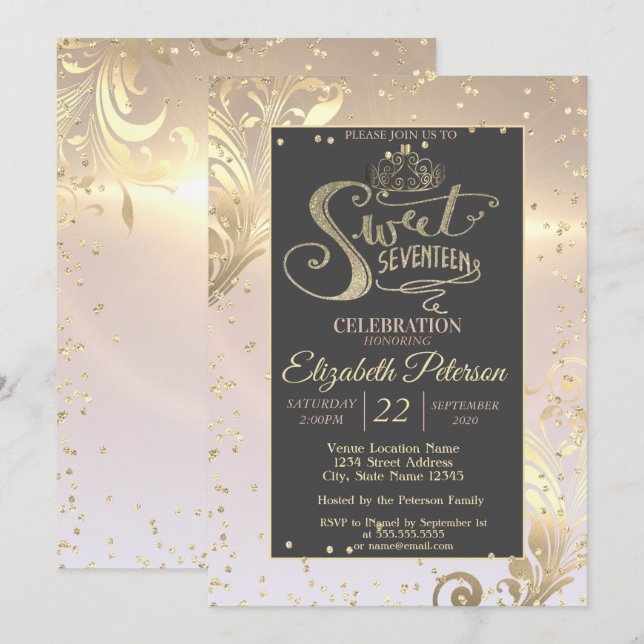 Invitación Corona de oro dulce diamantes 17 cumpleaños (Anverso / Reverso)