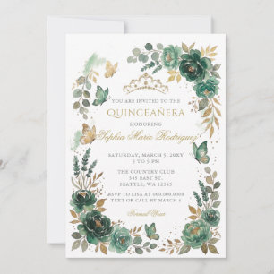 Invitación Corona de oro esmeralda mariposa floral Quinceañer